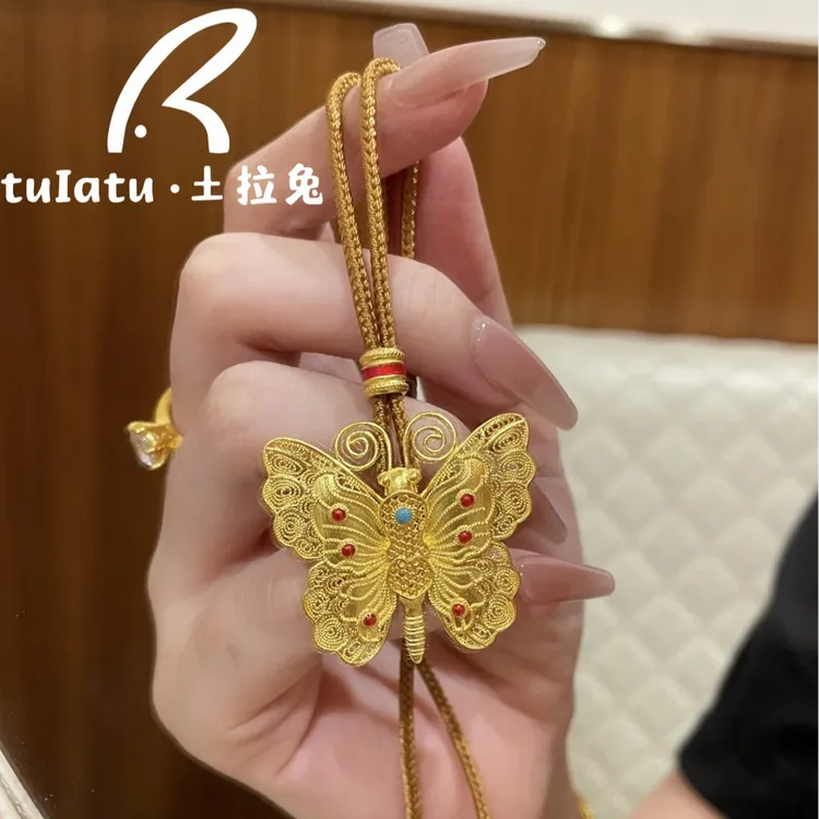 铜合金布艺项链 韦雪同款项链蝴蝶吊坠新款双层立体花丝蝴蝶吊坠