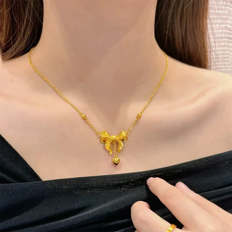 铜合金项链 新中式在逃公主爱心蝴蝶结项链女气质锁骨链高质感