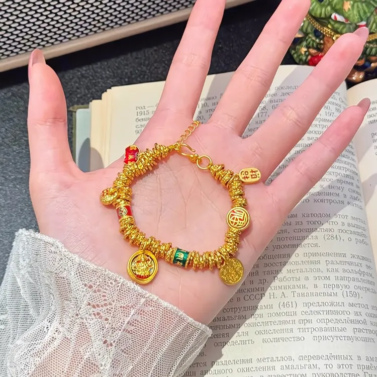 铜合金手链 韦雪同款黄财神小胖福盘缠手链国风复古手工手串百搭