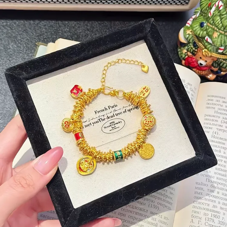 铜合金手链 新中式黄财神小胖福盘缠手链国风复古手工手串百搭