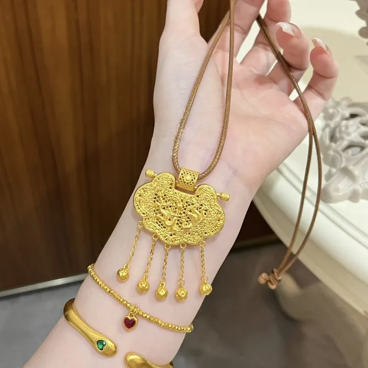 非金属布艺项链 宫廷风龙凤流苏锁包吊坠项链女时尚百搭毛衣链