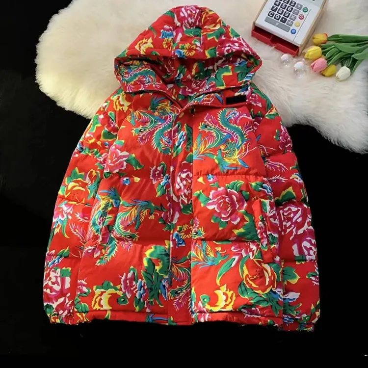 帽款国潮大码加厚牡丹花喜庆东北大花棉袄连帽冬季保暖面包服