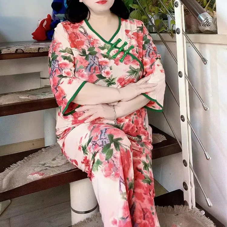 春夏款东北大花睡衣女士家居服套装大码高弹宽松遮肉显瘦时尚网红