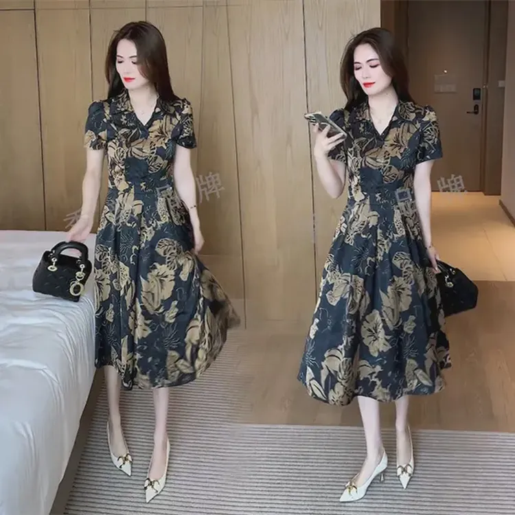 夏季丁达尔穿搭气质时尚减龄显瘦印花女装洋气妈妈装女装连衣裙子