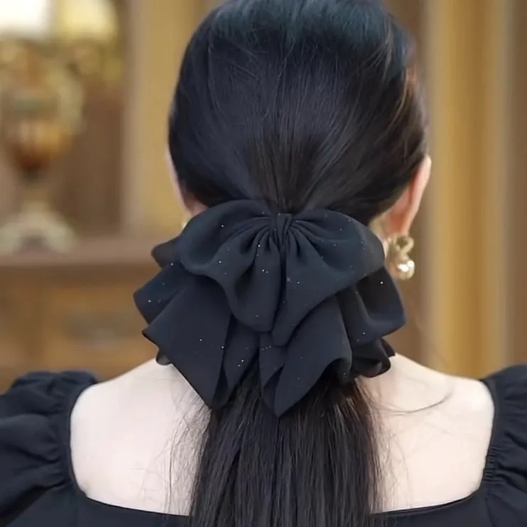 满天星赫本风雪纺纱蝴蝶结马尾抓夹满钻气质柔软垂感发夹发抓发饰