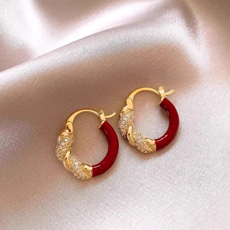 合金耳饰 安可拉红色耳环女镶钻独特耳饰小众设计高级感耳钉耳扣