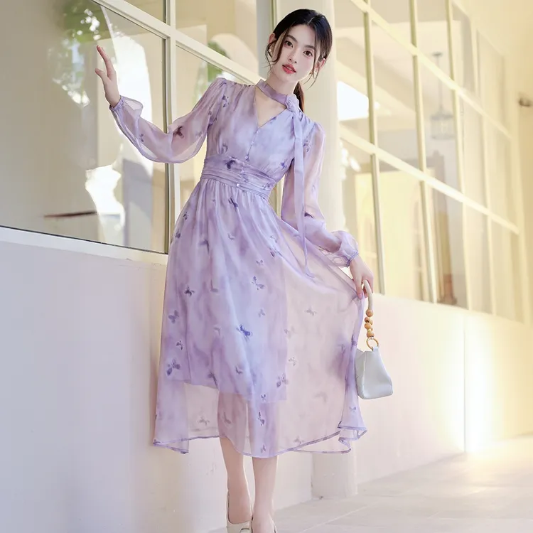 【紫霞仙子】法式蝴蝶晕染印花雪纺连衣裙度假风紫色仙气长裙子8022