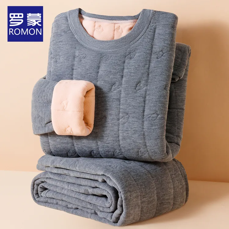 【三层夹棉】罗蒙套头家居服男士冬中老年加绒加厚保暖内衣套装防寒