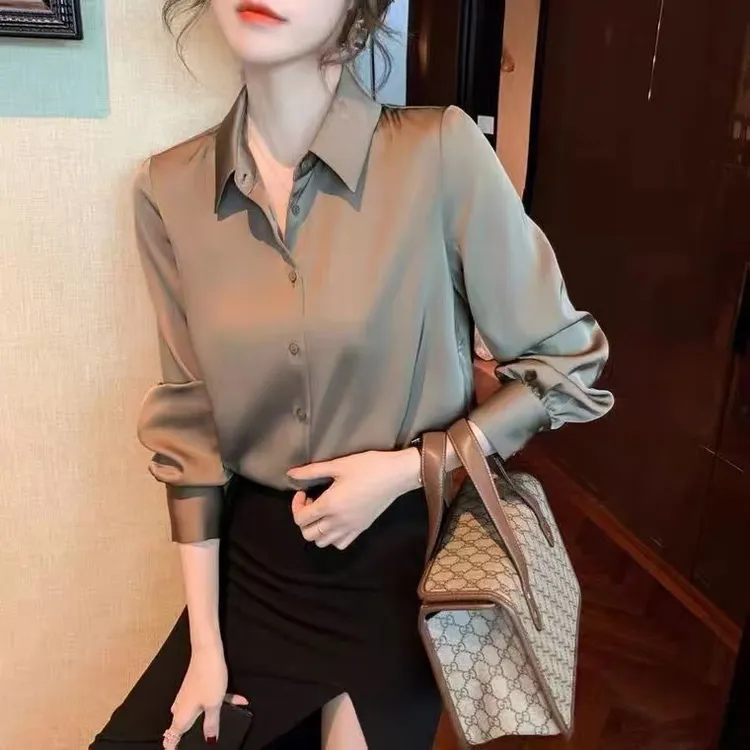 薄款衬衫高级感上衣职场纯色丝滑长袖女夏垂感缎面轻奢