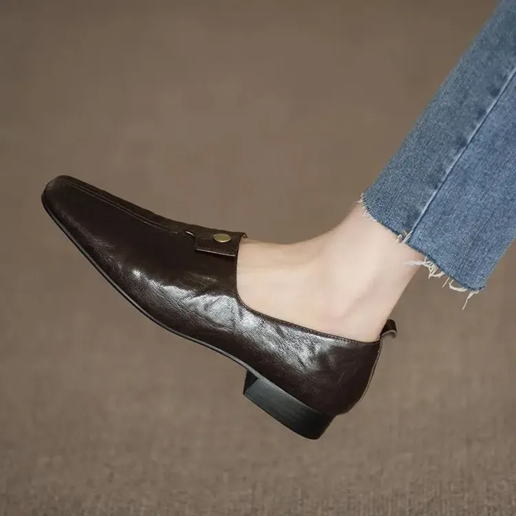 洋气断码清仓方头英伦风一脚蹬乐福鞋软底复古粗跟低跟单鞋女皮鞋