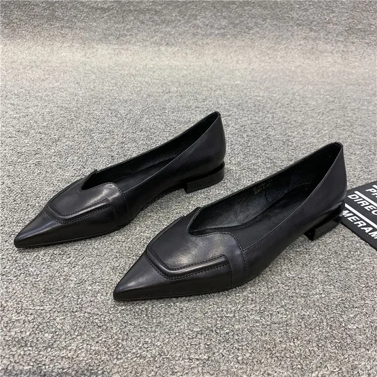 羊皮版真皮尖头平底鞋百搭黑色软底浅口单鞋女2024新款春季皮鞋