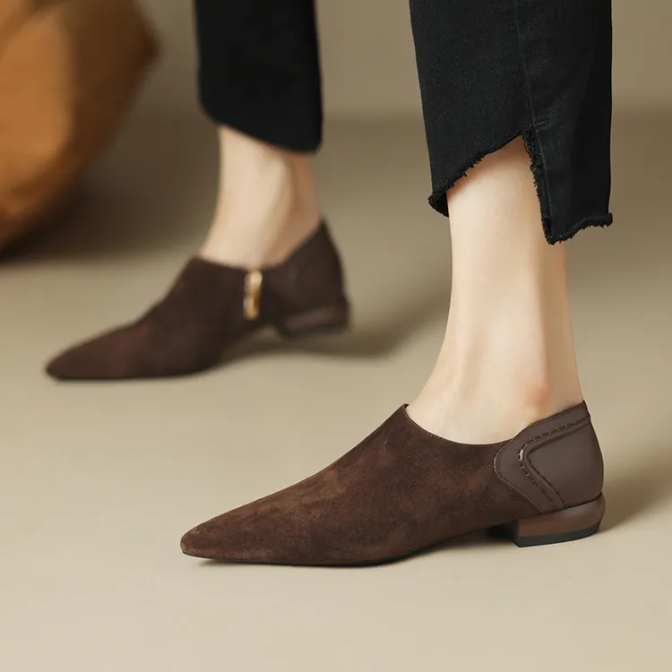 羊皮版真皮时尚深口秋冬单鞋女尖头平底舒适复古英伦风小皮鞋百搭