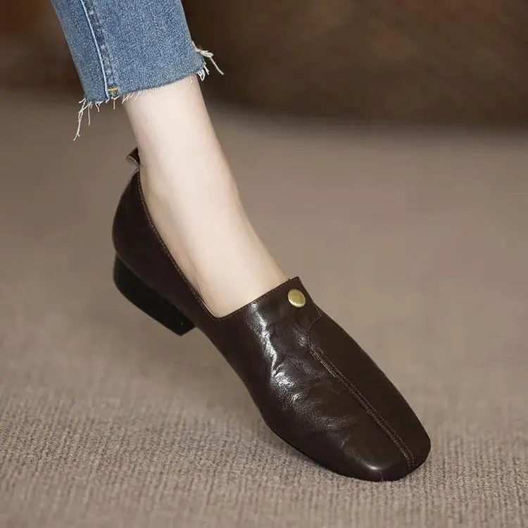 羊皮版真皮英伦风复古一脚蹬百搭软底粗跟方头单鞋女低跟小皮鞋