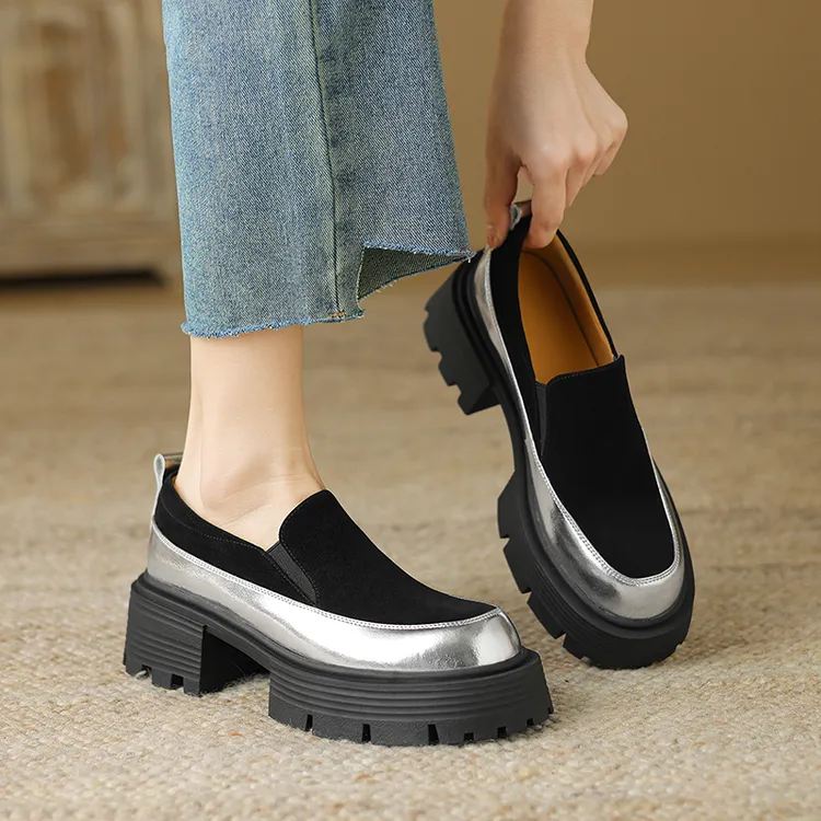 牛皮版真皮新款厚底小个子乐福鞋圆头春秋单鞋女英伦风复古小皮鞋