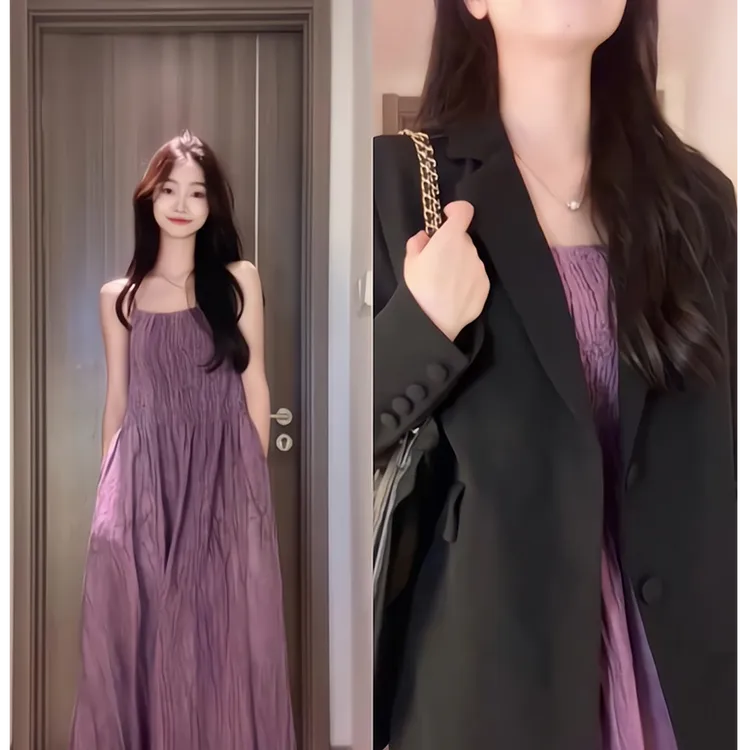 2024早秋搭配一整套黑色长袖西装外套+露背吊带连衣裙两件套