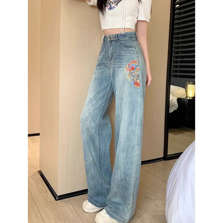 垂感牛仔裤刺绣国风牛仔裤女2024春新款高腰显瘦宽松阔腿拖地长裤
