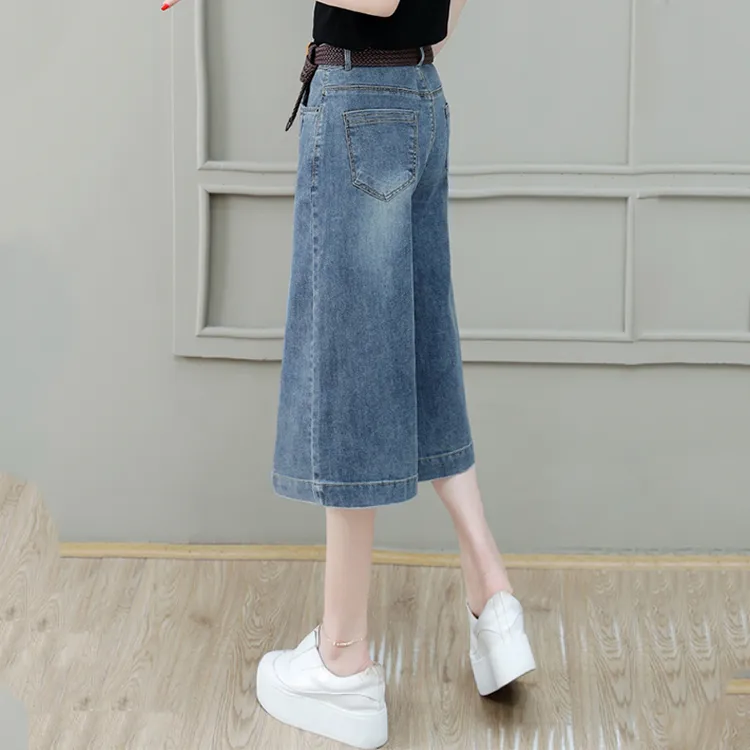 2025新款百搭显瘦牛仔阔腿裤宽松七分裙裤夏薄款高腰中分牛仔裤女