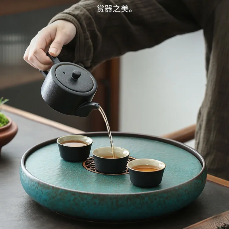 陶瓷干泡茶盘小型家用功夫茶具现代圆形储水式壶承干泡台沥水托盘