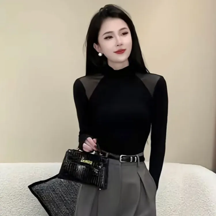 【朱朱家高定】新款半高领拼接长袖T女设计感上衣女1008