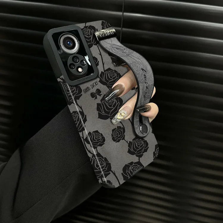 适用于【荣耀50】复古黑蝴蝶皮质腕带手机壳高级感防摔保护套女款