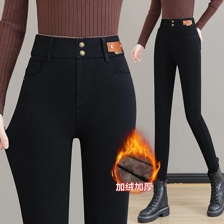 黑色牛仔打底裤女秋冬2024新款加绒高腰弹力外穿小脚裤显瘦铅笔裤
