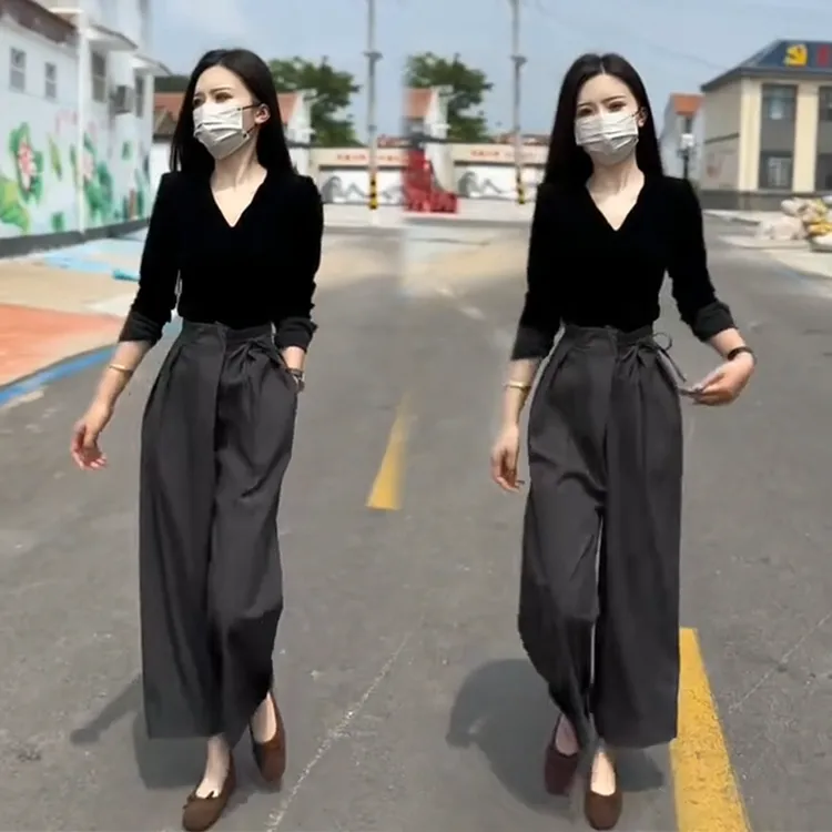 欧洲站网红爆款2025年高端时尚女士早秋纯色净版洋气设计感阔腿裤