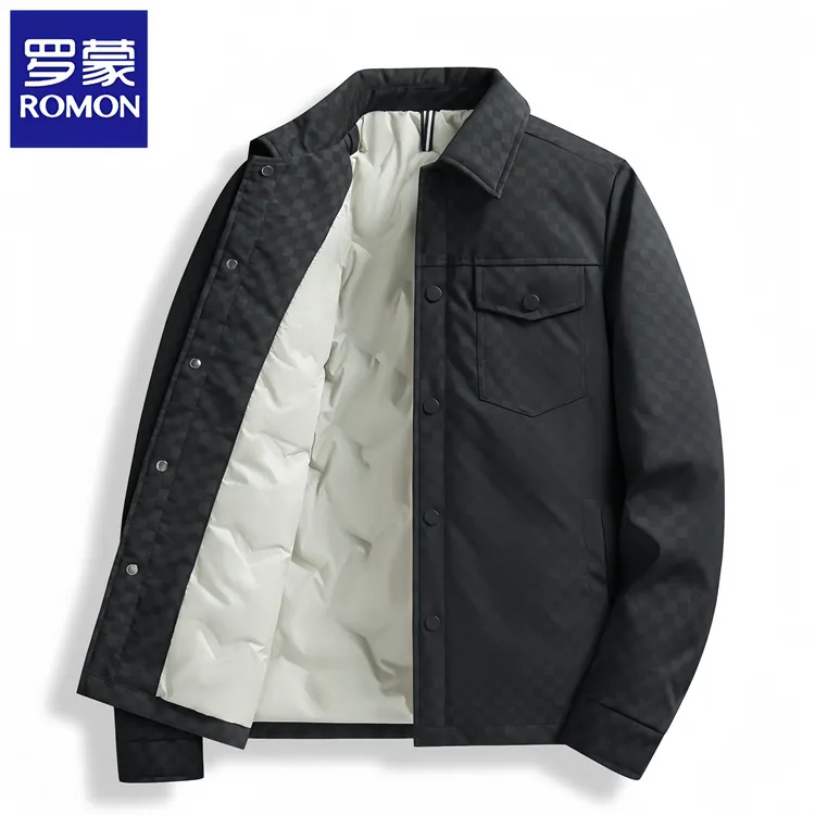 罗蒙秋冬季新款轻薄羽绒服修身棋盘格夹克外套翻领休闲商务保暖衣