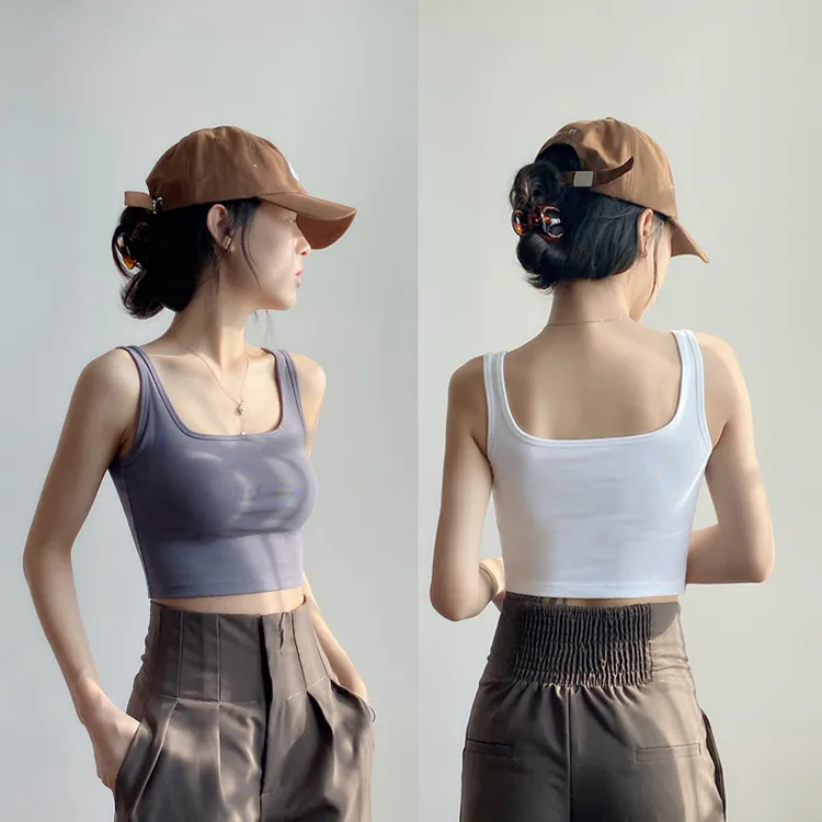 方领吊带背心女春夏美背运动无袖外穿内搭带胸垫一体白色打底上衣