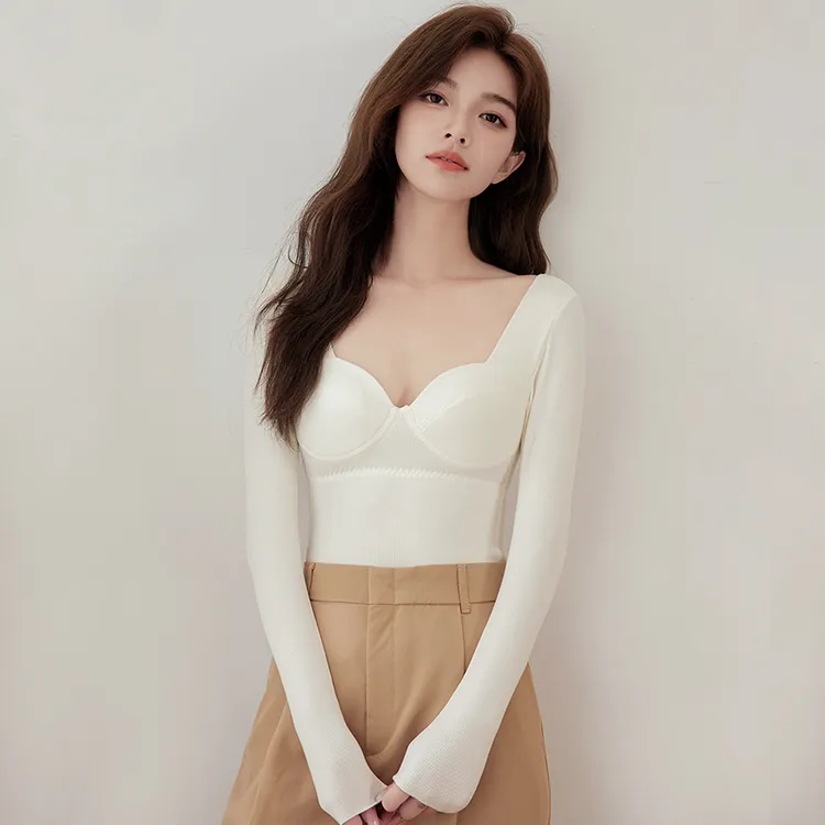 德绒保暖内衣女士带胸垫低领外穿内搭发热秋衣无痕打底衫冬上衣薄
