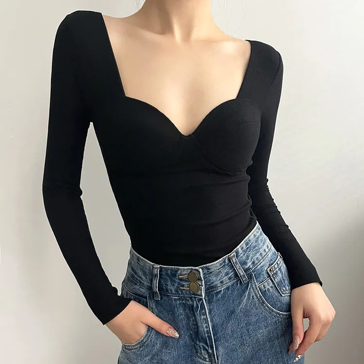 带胸垫V领德绒保暖内衣女薄款打底衫秋衣加绒无痕黑色内搭上衣冬