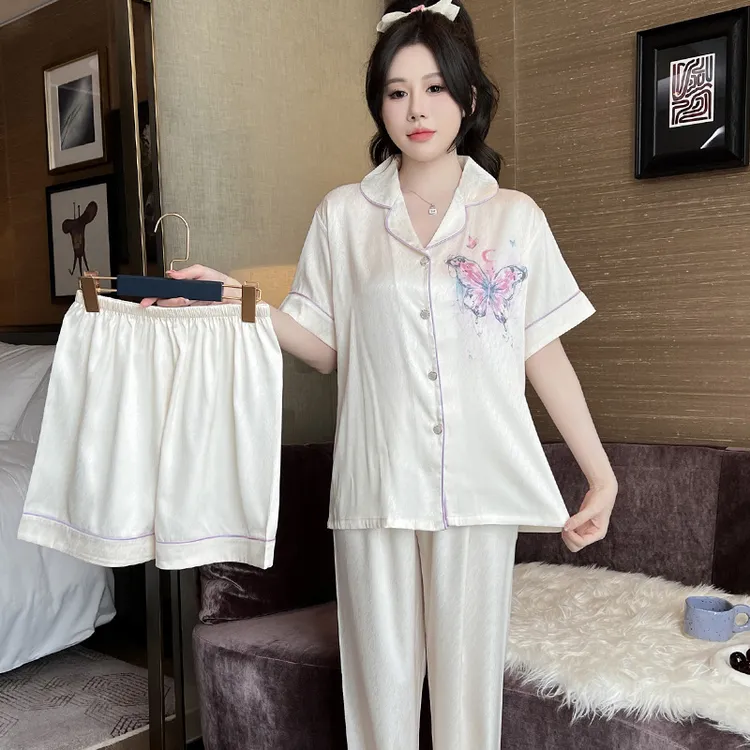 夏季新款冰丝睡衣女三件套夏天短袖家居服爆款睡衣女套装