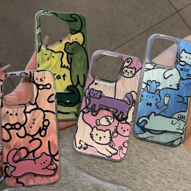 渐变线条猫咪支架适用iphone15手机壳苹果14华为vivo小米oppo防摔