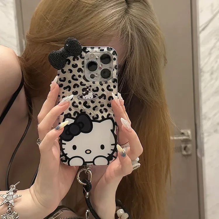 KEWU黑钻蝴蝶结豹纹凯蒂猫适用苹果15/16手机壳华为vivo小米oppo
