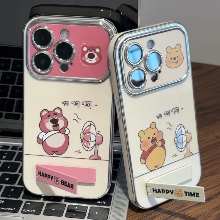 维尼草莓熊支架苹果15/华为p70/vivo/oppo小米14电镀大视窗手机壳