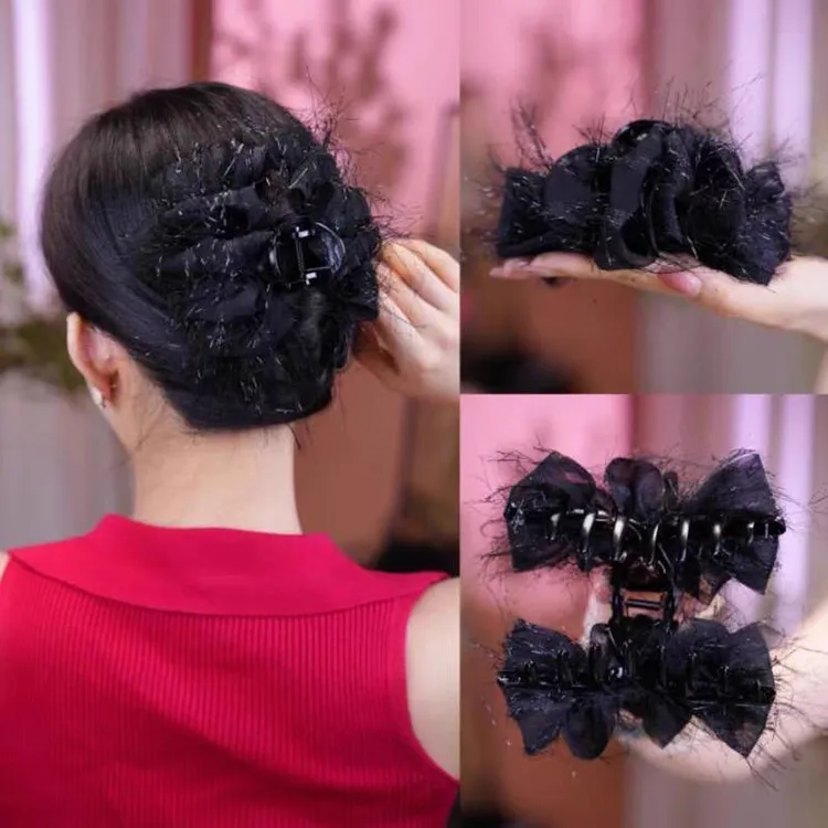 2024年秋冬新款网红蝴蝶结发夹季羽毛发夹小众设计高级感抓夹