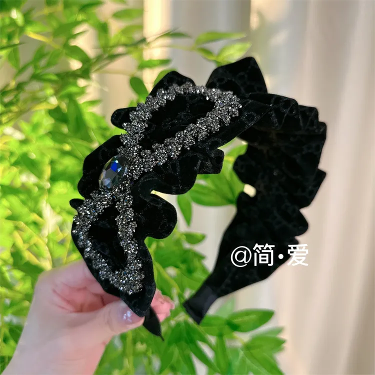 丝绒麦穗水钻蝴蝶结发箍女新款宽边褶皱遮头皮高颅顶2023新款头箍