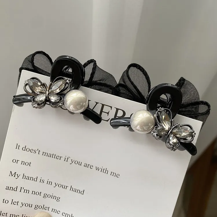 2024简约高级感轻奢AB面黑色珠珠水钻蝴蝶刘海夹侧边夹碎发夹发饰