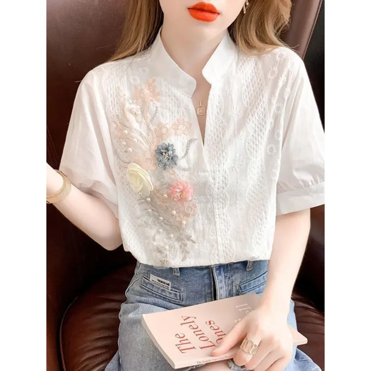 2024夏装新款韩版重工亮片刺绣花朵装饰V领短袖衬衫女休闲衬衣潮