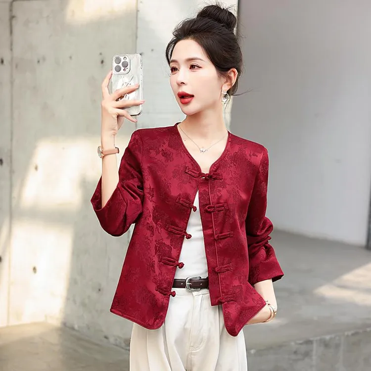 新中式国风唐装上衣女2024春装新款气质复古红色盘扣缎面提花外套