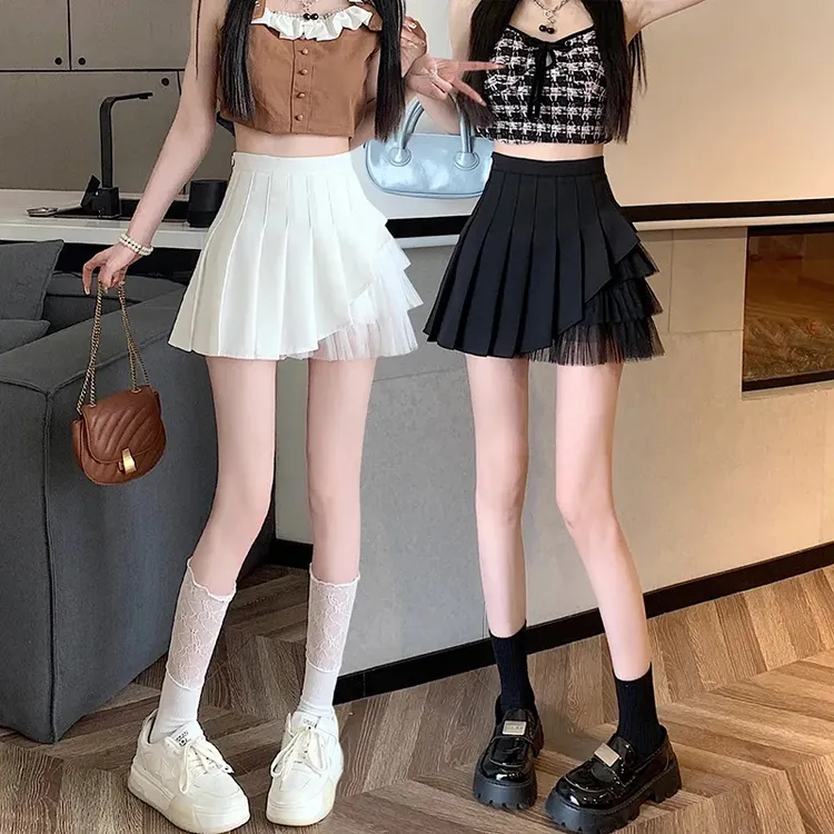 白色网纱百褶裙高腰显瘦a字半身裙女夏季新款学院风小个子短裙