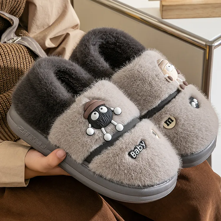 儿童包跟棉鞋秋冬季中大童男童家居保暖加绒防滑厚底卡通毛毛棉鞋
