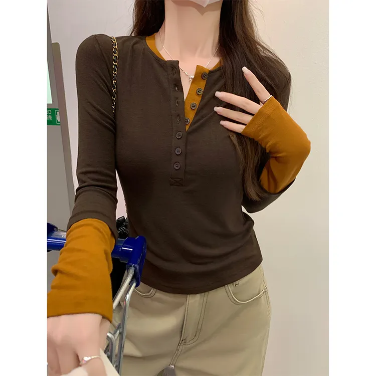 法式撞色长袖T恤女秋季新款半开领弹力修身显瘦拼接上衣