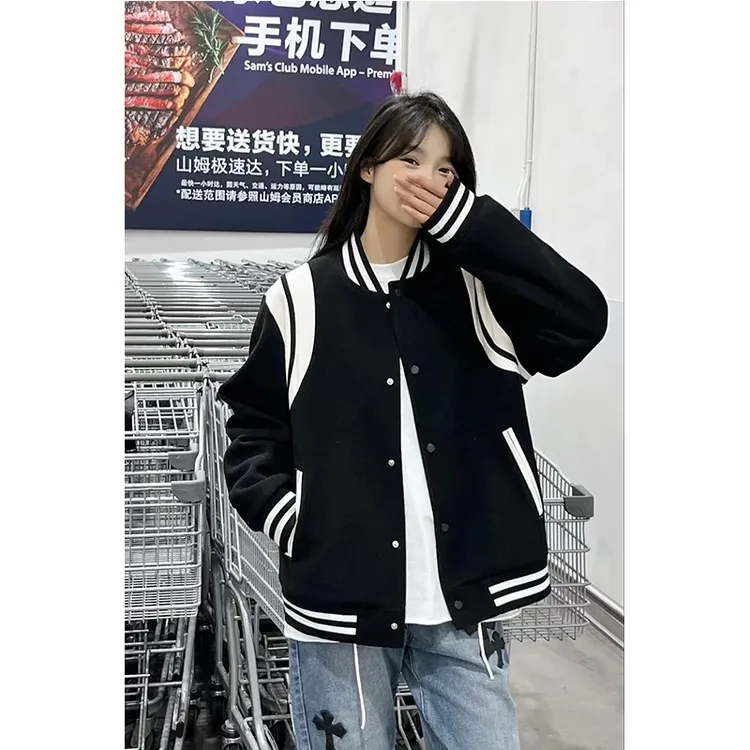 黑色条纹常规棒球服男款秋季美式学院风休闲运动上衣潮牌夹克外套