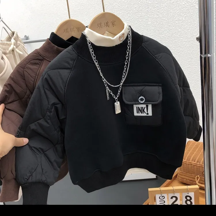 男童冬季卫衣加绒加厚儿童韩版个性时髦字母印花插肩袖圆领套头衫