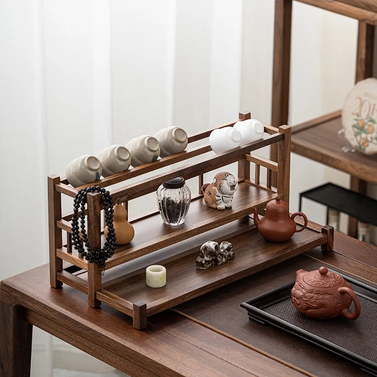 胡桃木茶具置物架茶桌面收纳架茶杯沥水架子茶壶展示架小型博古架