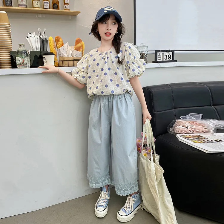 女童夏款套装2024新款洋气女大童圆点短袖娃娃衫儿童阔腿裤两件套