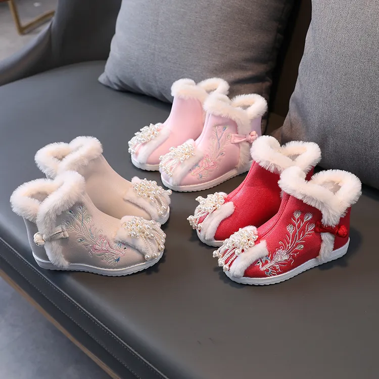 汉服鞋子儿童棉鞋女童加绒绣花鞋老北京冬季短靴民族风拜年鞋5211