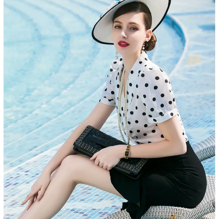 B91欧美风职业装短袖V领衬衫ol复古时尚波点黑白衬衣雪纺衫夏A