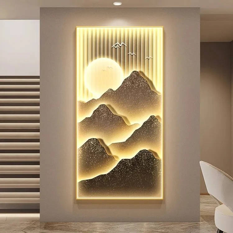 现代轻奢玄关装饰挂画竖版背靠金山入户走廊过道发光灯画客厅壁画