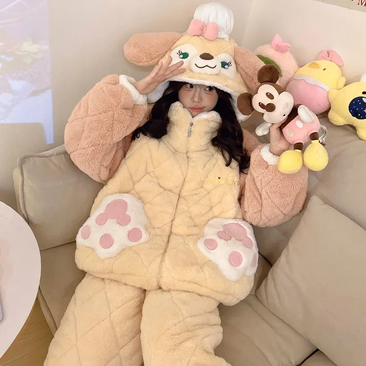 睡衣女三层夹棉秋冬季2024新款加绒加厚珊瑚绒卡通连帽拉链家居服